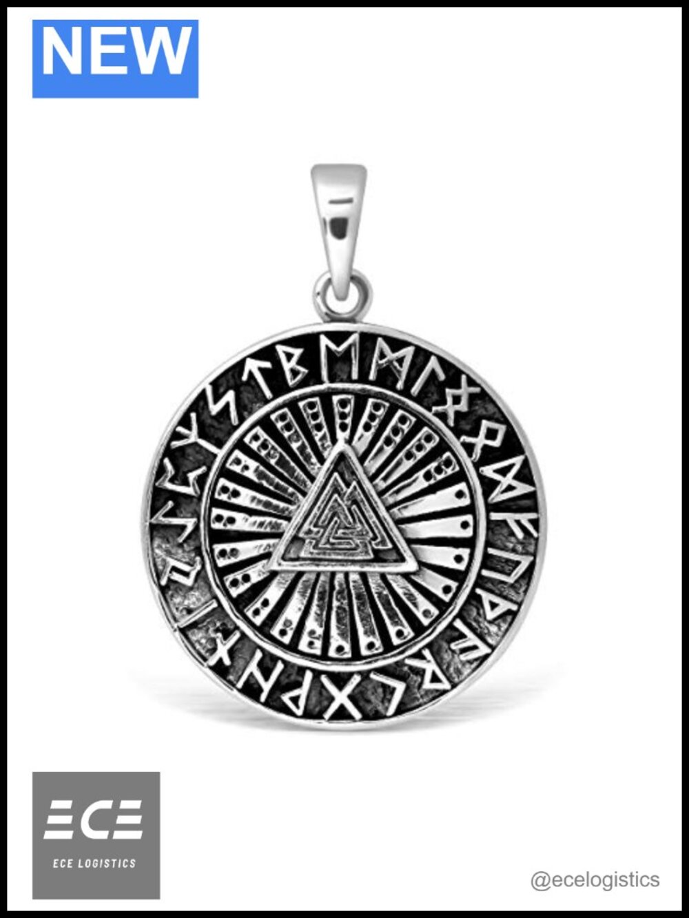 925 Sterling Silver Valknut Norse Viking Runes Pendant Necklace